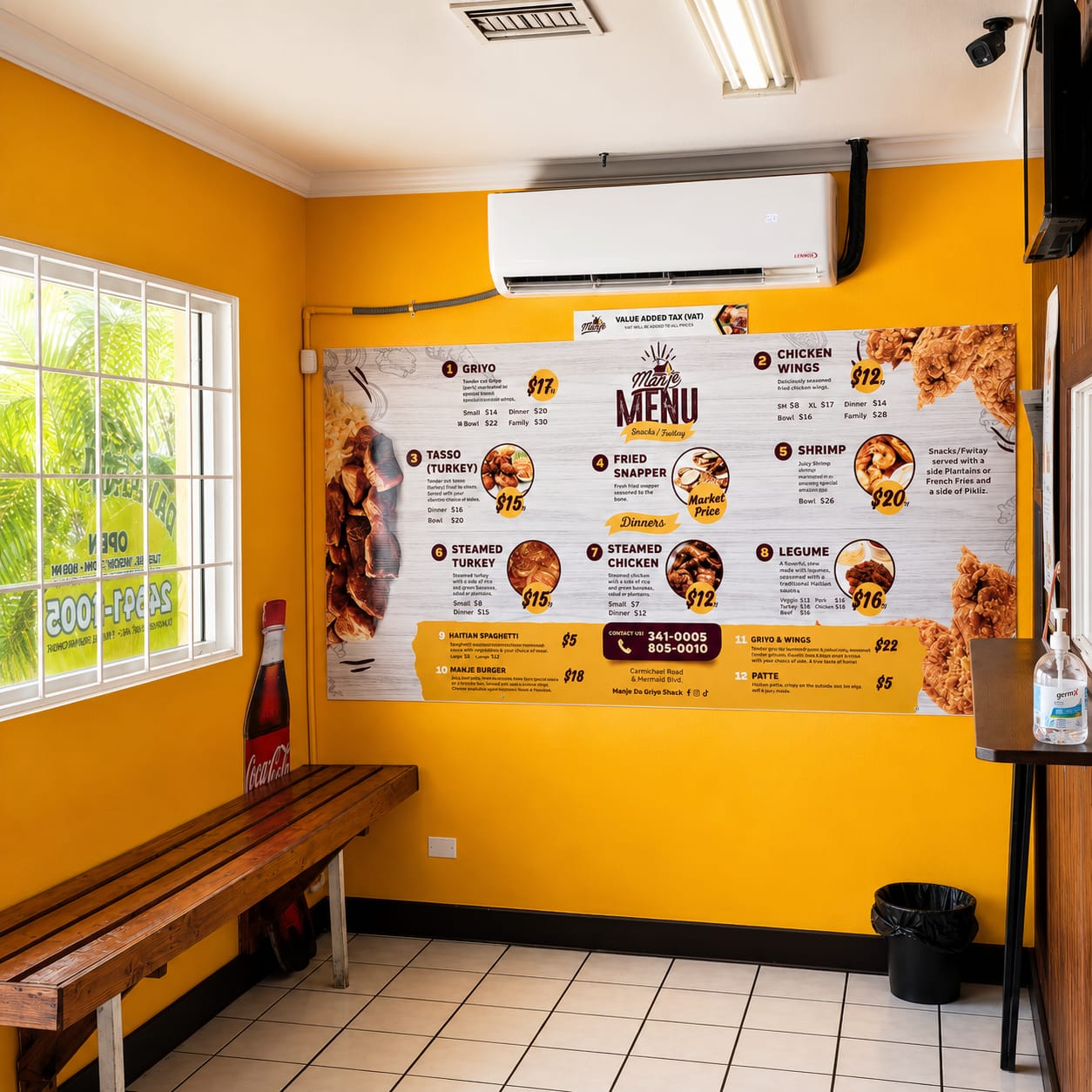 The in-store menu board inside Manje Da Griyo Shack on Carmichael Road